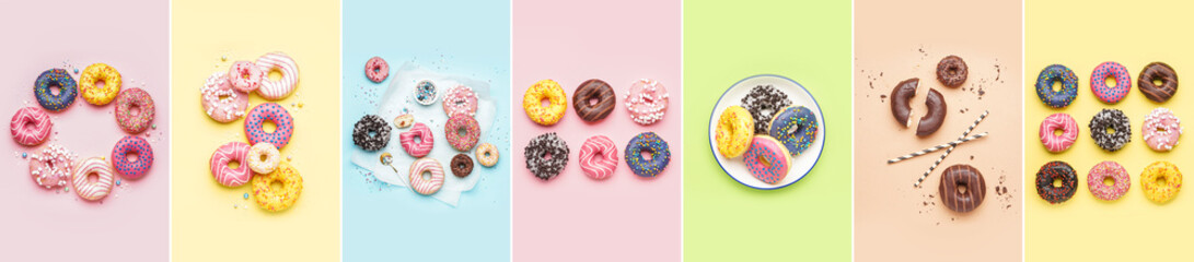 Collage with many sweet donuts on colorful background, top view - obrazy, fototapety, plakaty