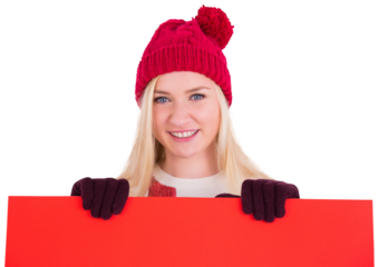 Festive blonde showing a red poster