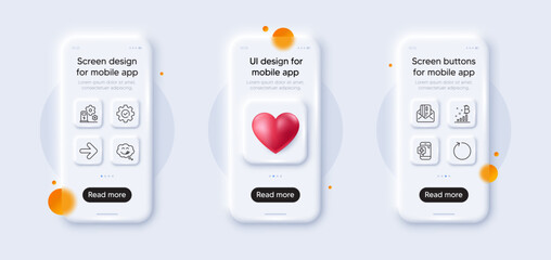 Next, Loop and Yummy smile line icons pack. 3d phone mockups with heart. Glass smartphone screen. Execute, Charging station, Credit card web icon. Bitcoin graph, Medical phone pictogram. Vector