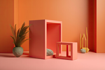 Abctract orange background for product presentation with vase with leaves, stones and boxes, created with Generative AI