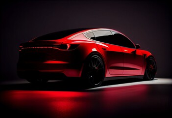 Plakat Back Light Electric Sports Car 3d Render with red car paint in Black Background Tesla Model 3. Generative AI