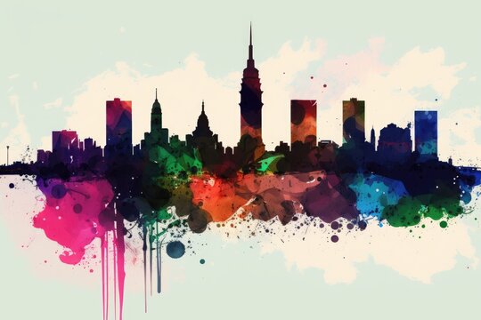 colorful watercolor painting of a city skyline against a white background. Generative AI