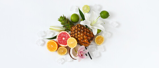 Summer composition with tropical fruits, flowers and ice cubes on white background