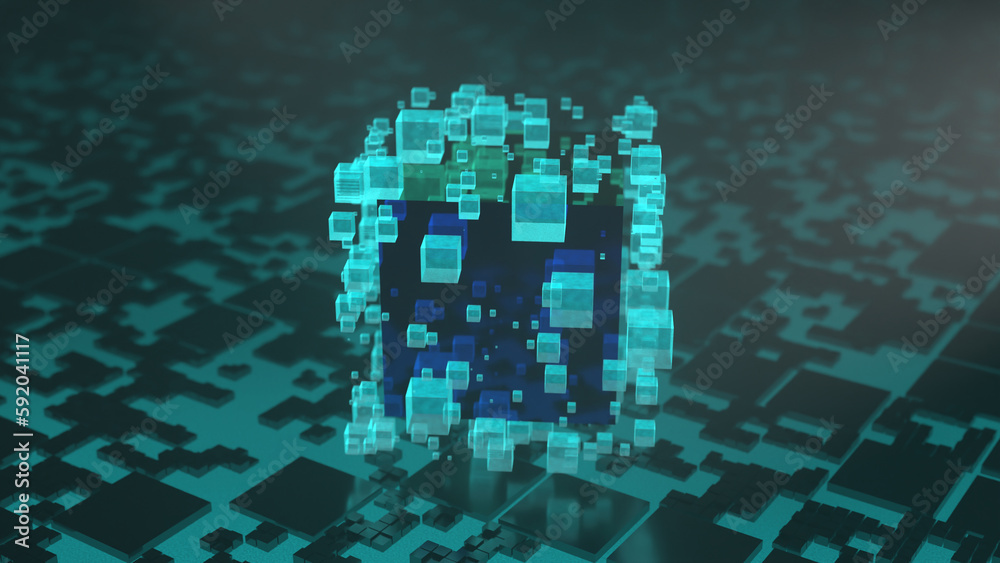 Poster 3d rendering of an array of many cubes of different sizes. glowing background and lots of geometric 