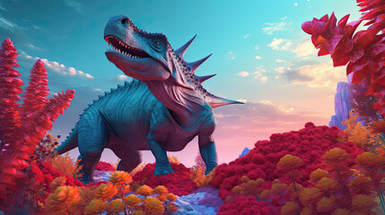 landscape with dinosaur and flowers. Generative AI image.