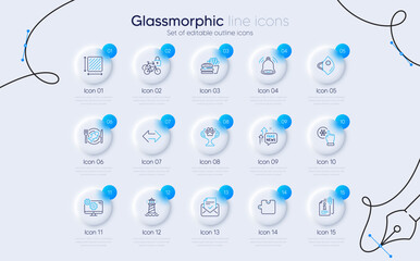 Set of Medical mask, Sync and Bicycle lockers line icons for web app. Winner cup, Fake news, Approved mail icons. Bell alert, Seafood, Freezing click signs. Burger, Square area, Lighthouse. Vector