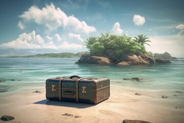 Creative summer beach with giant suitcase on island. AI generated