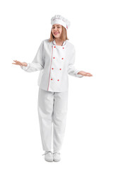 Female baker in uniform on white background