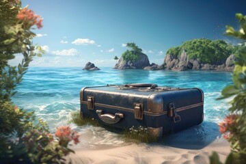 Fototapeta na wymiar Creative summer beach with giant suitcase on island. AI generated