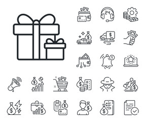 Present or Sale sign. Cash money, loan and mortgage outline icons. Gift boxes line icon. Birthday Shopping symbol. Package in Gift Wrap. Surprise package line sign. Vector