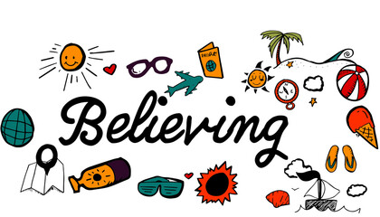 Fototapeta na wymiar Believe text surrounded by various colorful vector icons