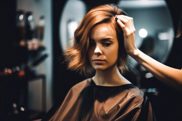 Fototapeta na wymiar Woman at hairdresser modern salon. Hairdresser in styling and cutting hair. Generative AI.
