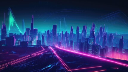 Futuristic landscape with neon colors with a cyberpunk style created with generative AI technology