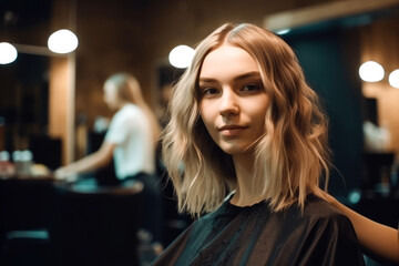 Fototapeta premium Woman at hairdresser modern salon. Hairdresser in styling and cutting hair. Generative AI.