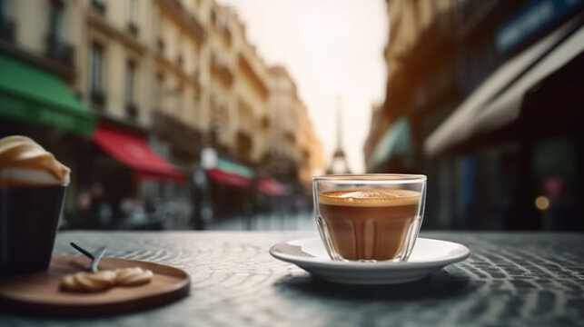 cup of coffee on table in Paris Generative AI