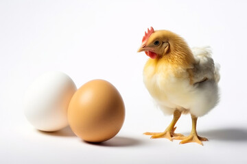 Chicken eggs on white background with small yellow chicken. Generative AI.
