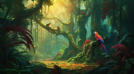 illustration of a tropical rainforest with parrot Generative AI