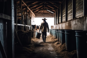 Young adult farmer in a barn taking care of cows. Generative AI.