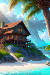 Obraz premium A cozy island house, palm trees, turquoise waters, tropical beach, Generative AI Art Illustration 08