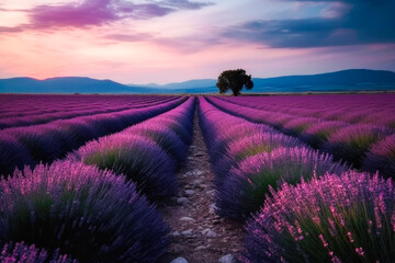 Fototapeta na wymiar Stunning landscape with lavender field at sunset. Generative AI.