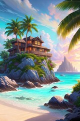 Fototapeta na wymiar A cozy island house, palm trees, turquoise waters, tropical beach, Generative AI Art Illustration 05