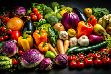 Vegetables isolated on black background. Organic bio eco certificate production. Generative AI.
