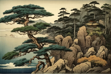 illustration of a tree, cliffs and the sea