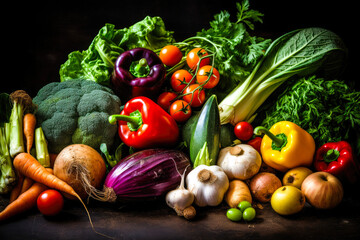 Vegetables isolated on black background. Organic bio eco certificate production. Generative AI.