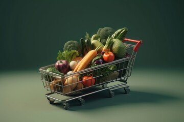 Fresh vegetables with shopping cart on smartphone minimal on color background. AI generated