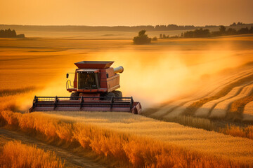Fototapeta premium Harvester machine to harvest wheat field working. Combine harvester agriculture. Generative AI.
