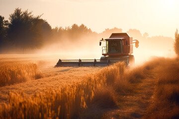 Fototapeta premium Harvester machine to harvest wheat field working. Combine harvester agriculture. Generative AI.