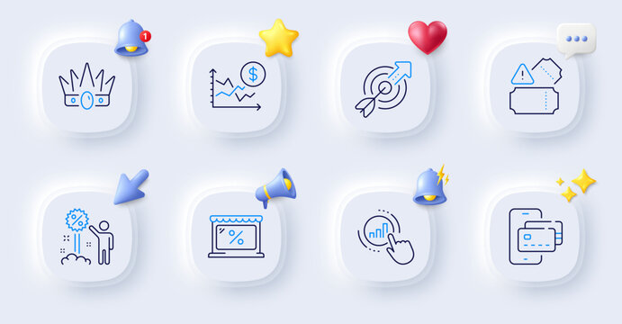 Phone pay, Market and Crown line icons. Buttons with 3d bell, chat speech, cursor. Pack of Discount, Target, Graph chart icon. Dollar rate, Tickets pictogram. For web app, printing. Vector