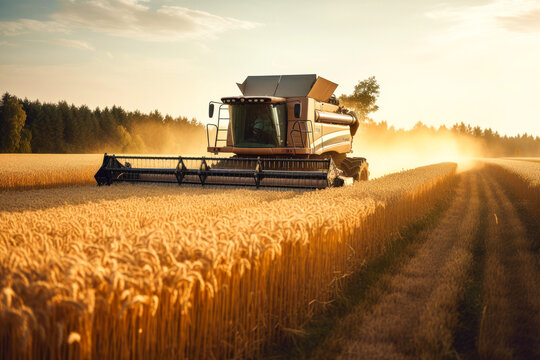 Harvester machine to harvest wheat field working. Combine harvester agriculture. Generative AI.