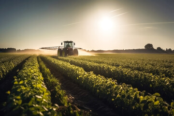 Fototapeta premium Aerial View of Tractor Spraying Pesticides on Green Soybean Plantation at Sunset. Generative AI.