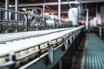 Plastic milk bottles with milk on production line at dairy factory. Generative AI.