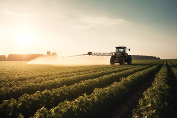 Naklejka premium Aerial View of Tractor Spraying Pesticides on Green Soybean Plantation at Sunset. Generative AI.