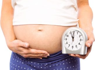 Pregnant woman showing clock and bump