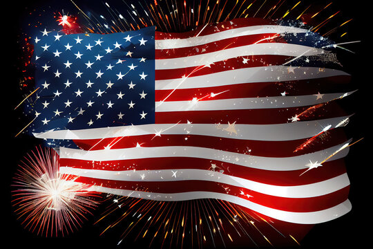 Happy labor day, USA flag with fireworks background for 4 july independence day. Generative Ai