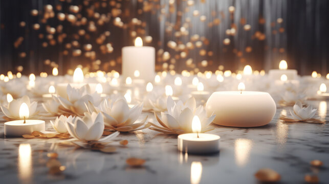 candles and white flowers on a blurred background. Generative AI