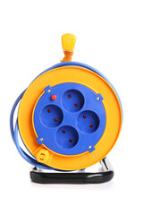 Extension electric cable reel on white background