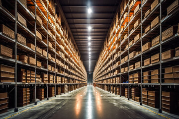 Huge industrial warehouse, full of boxes. Generative AI.