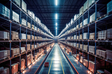 Huge industrial warehouse, full of boxes. Generative AI.