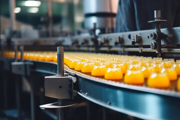 The beverage factory operates a production line that bottles fruit juice on a conveyor belt. Generative AI