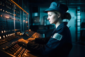 Woman in control center in electric power plant. Control panel. Generative AI.