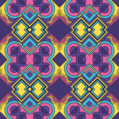 Seamless pattern with colorful fantasy ornament. The predominance of purple and yellow colors. Vector illustration
