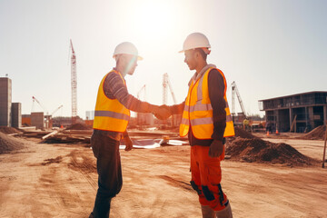 At construction site. Workers, engineers, heavy machinery. Building new architecture. Generative AI.