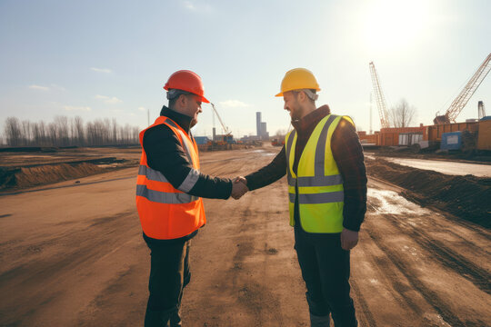 Two construction workers on the job site. Handshake, job done. Generative AI