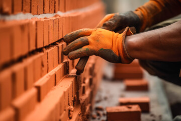 Close up of industrial bricklayer installing bricks on construction site. Generative AI. - obrazy, fototapety, plakaty