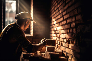 Fototapeta premium Close up of industrial bricklayer installing bricks on construction site. Generative AI.