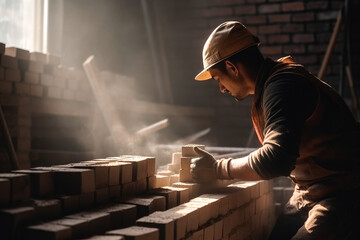 Industrial bricklayer worker installing bricks on construction site. Generative AI. - obrazy, fototapety, plakaty